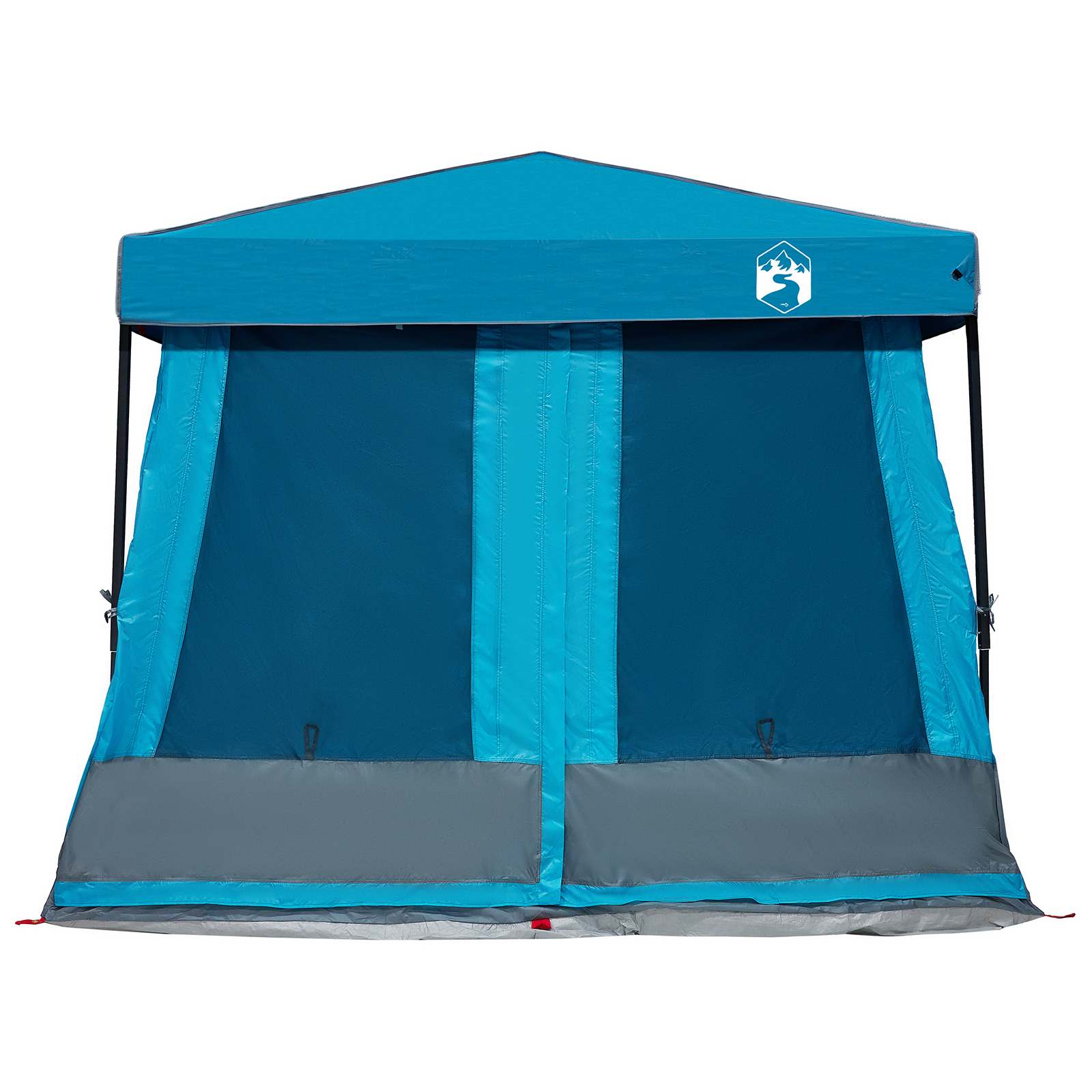 Blauwe vidaXL campingtent met open voorkant en grijze onderrand, zijaanzicht.