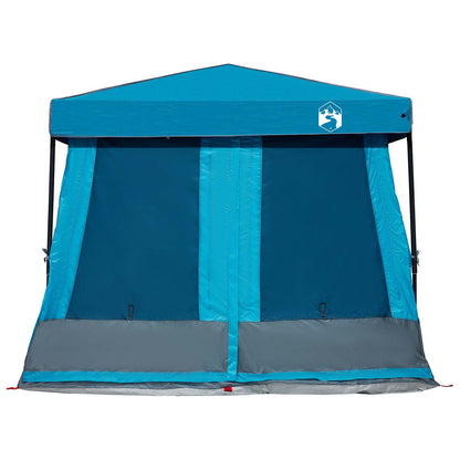Blauwe vidaXL campingtent met open voorkant en grijze onderrand, zijaanzicht.