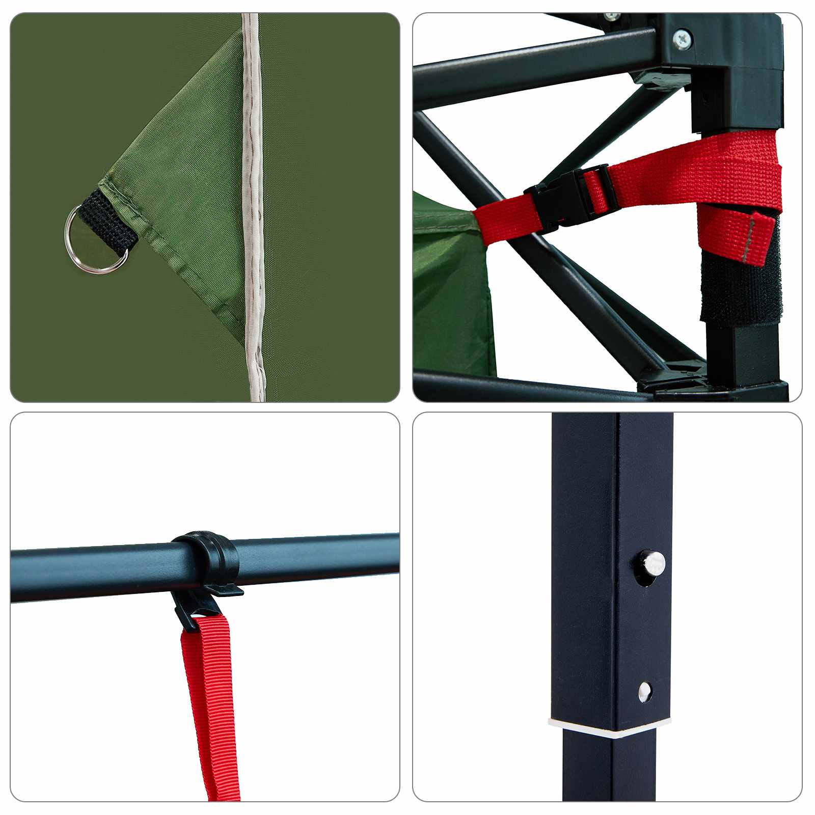 Detail van de bevestigingssystemen en stangen van de vidaXL campingtentset in groen.