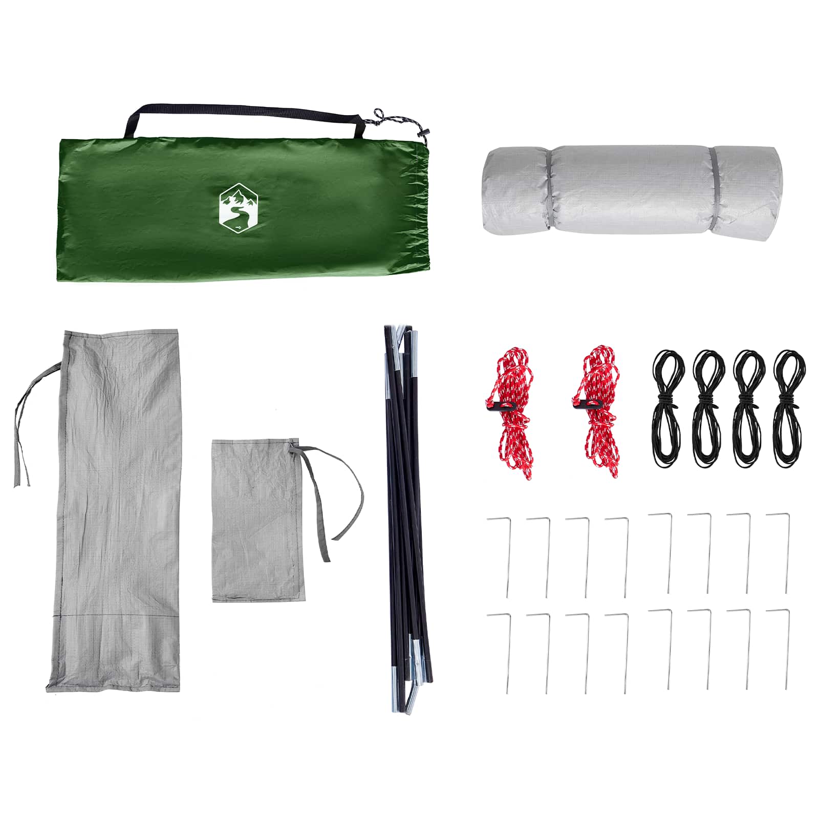Detail van de vidaXL campingtent set met stokken, haringen en opbergtas in groen.