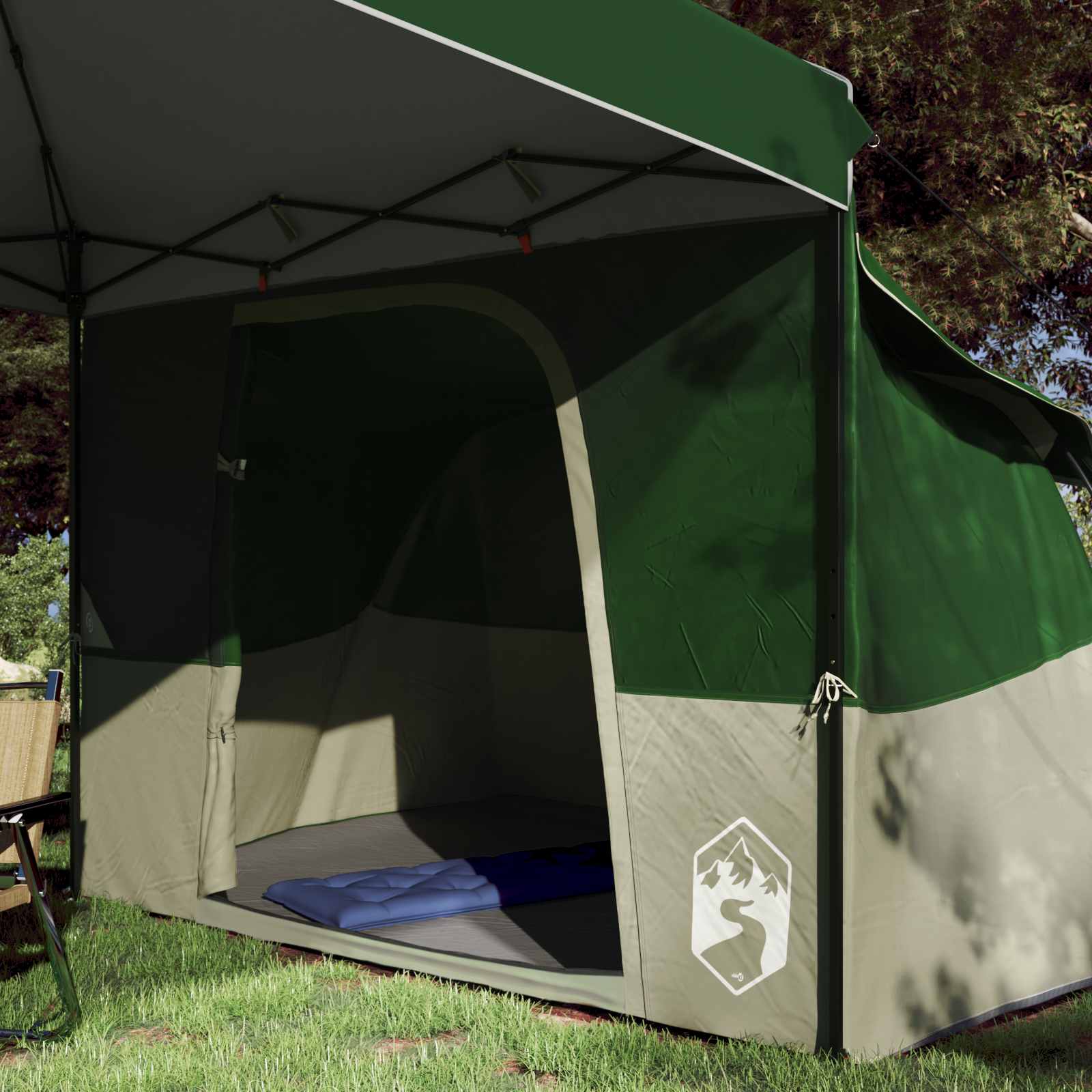 Detail van de vidaXL campingtent met groene en beige kleuren, zijaanzicht van de ingang.