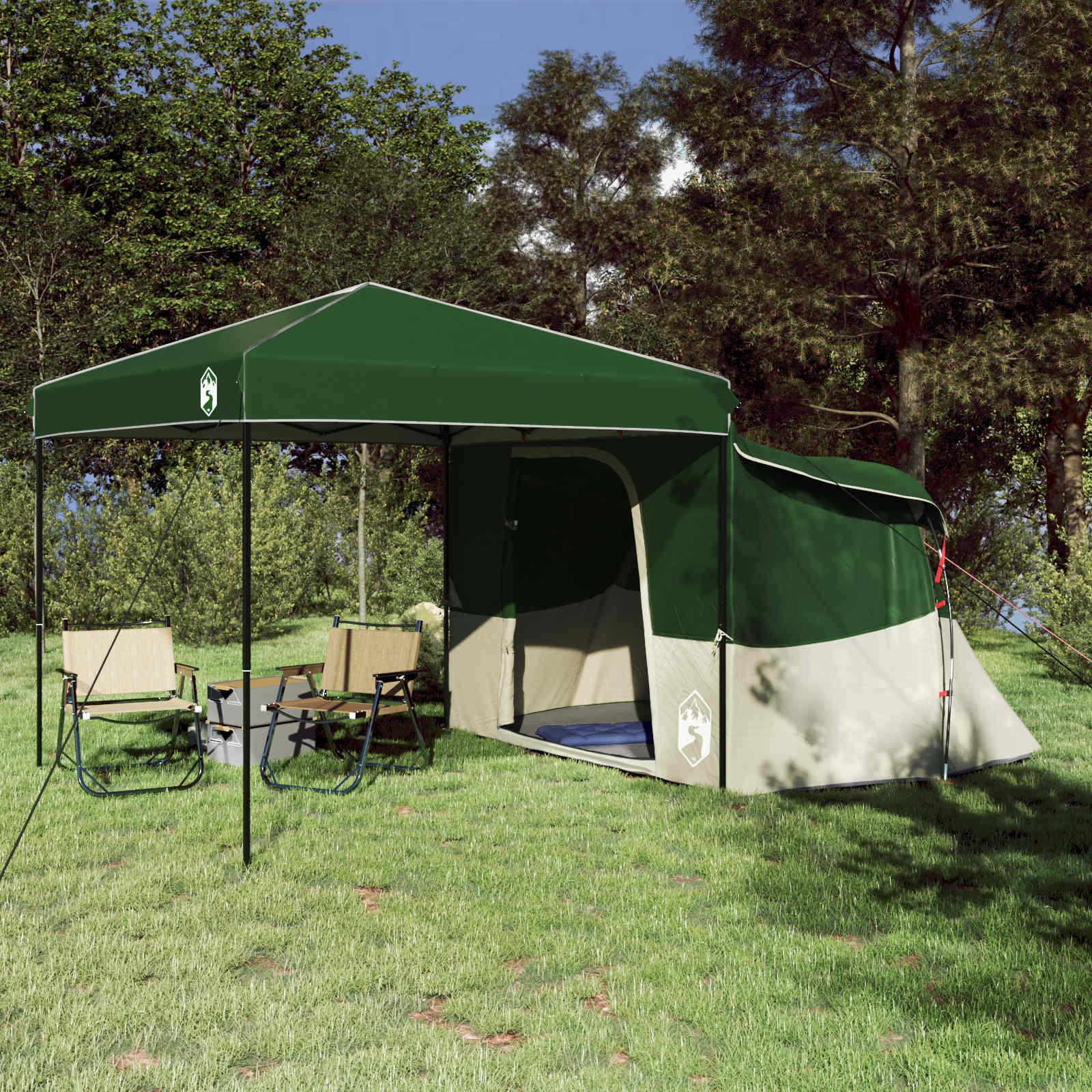 Groene vidaXL campingtent set met dak, opgesteld in een grasrijke omgeving.