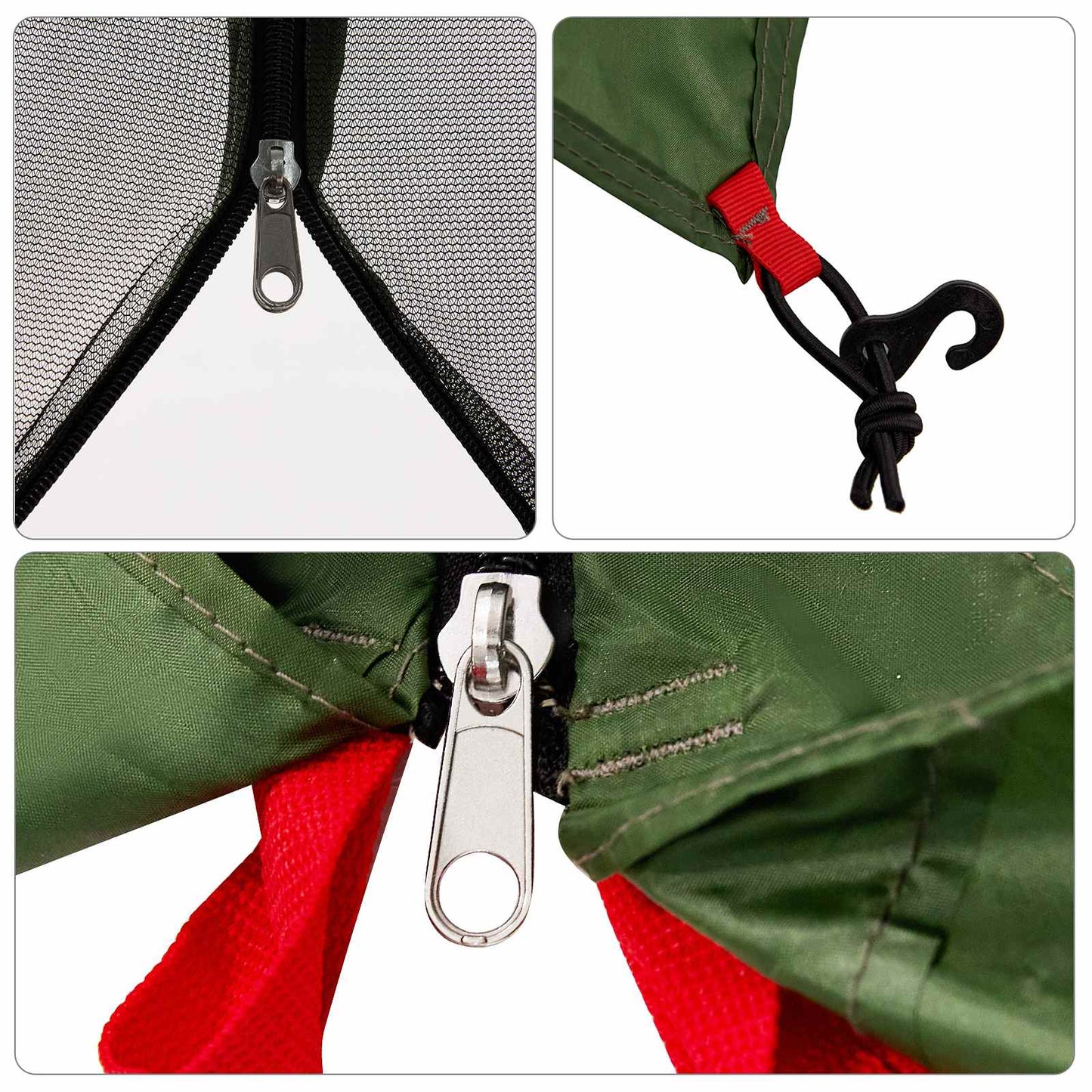 Detail van de rits en bevestigingshaak van de vidaXL Camping Tent Set in groen.