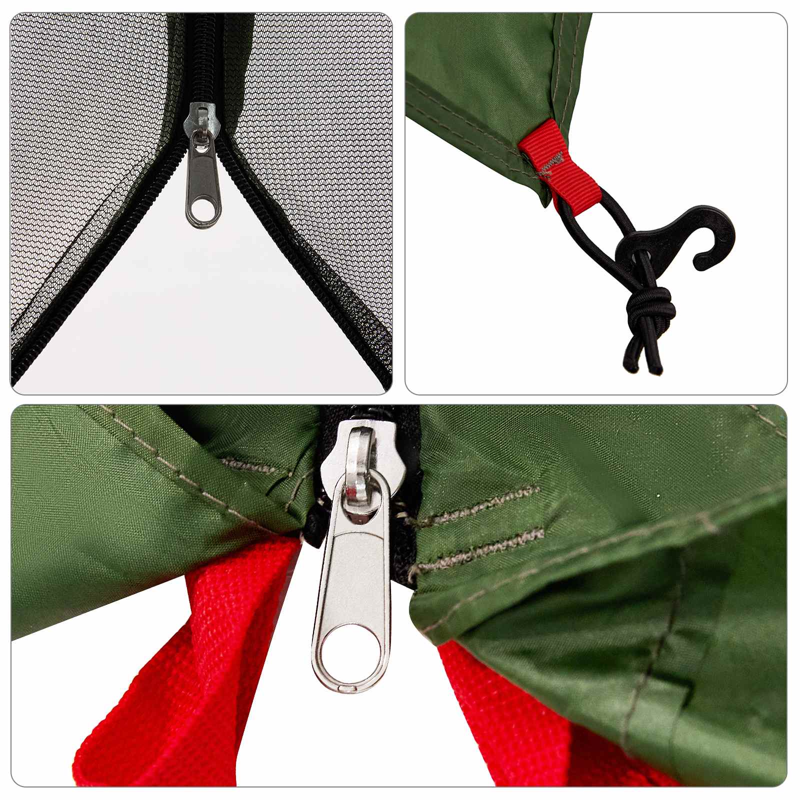 Detail van de rits en bevestigingshaak van de vidaXL Camping Tent Set in groen.