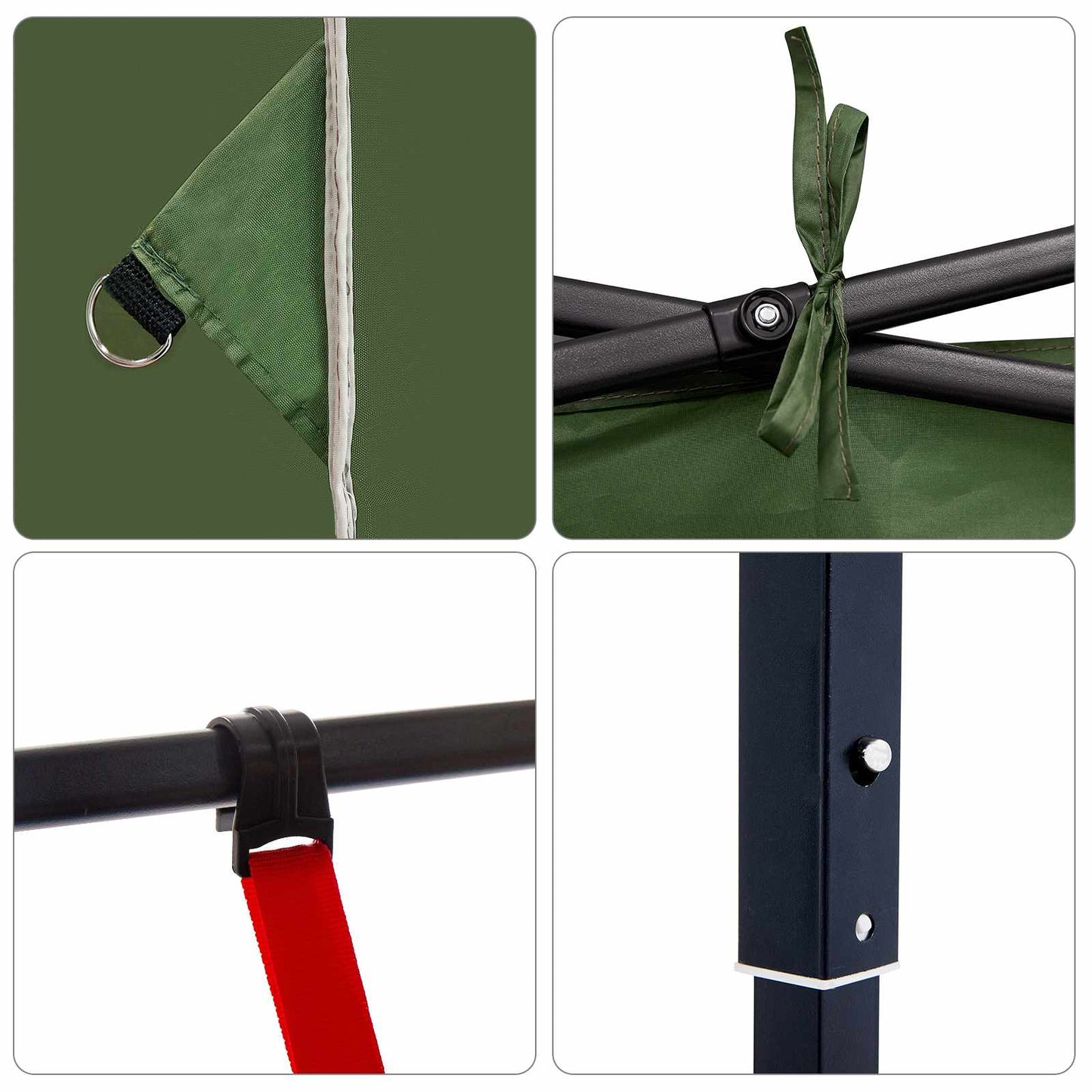 Detail van de bevestigingspunten en stangen van de vidaXL Camping Tent Set in groen.
