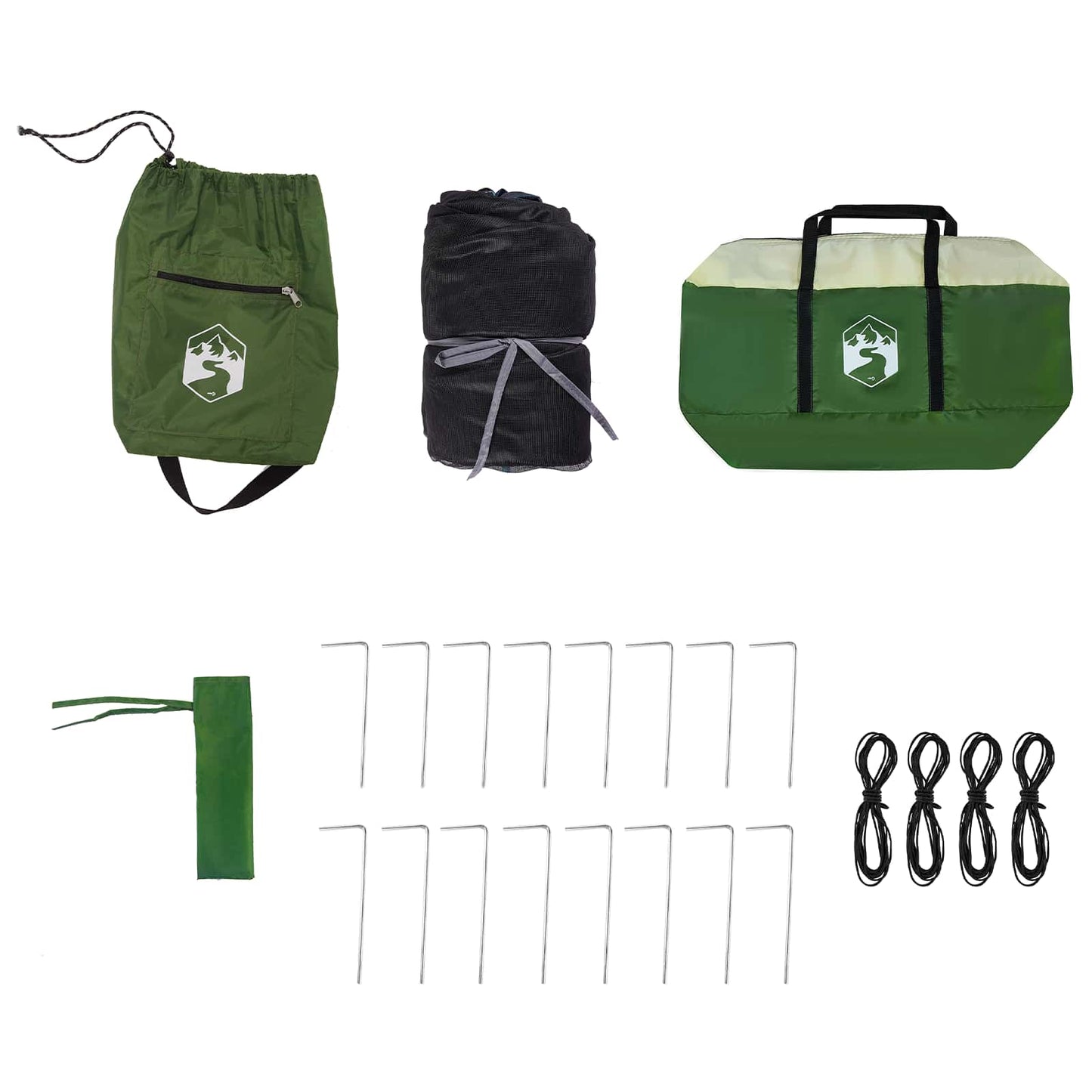 Detail van de vidaXL camping tent set met opbergtas, haringen en scheerlijnen in groen.