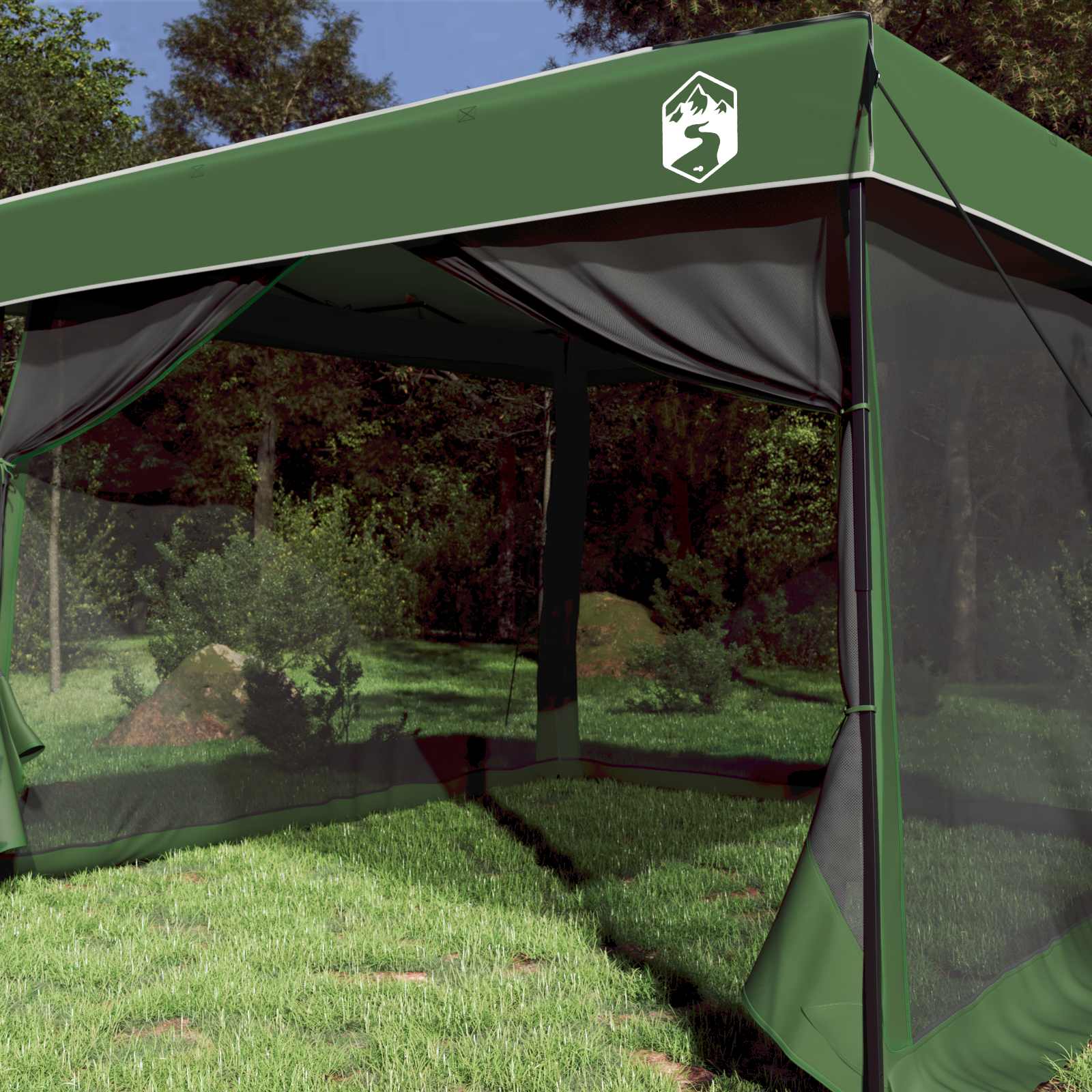 Detail van de groene vidaXL campingtent met open zijpanelen en insectenwerend gaas.