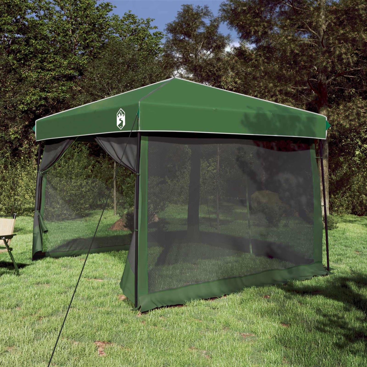 Groene vidaXL Camping Tent Set met dak en opbergruimte, opgesteld in een groene omgeving.