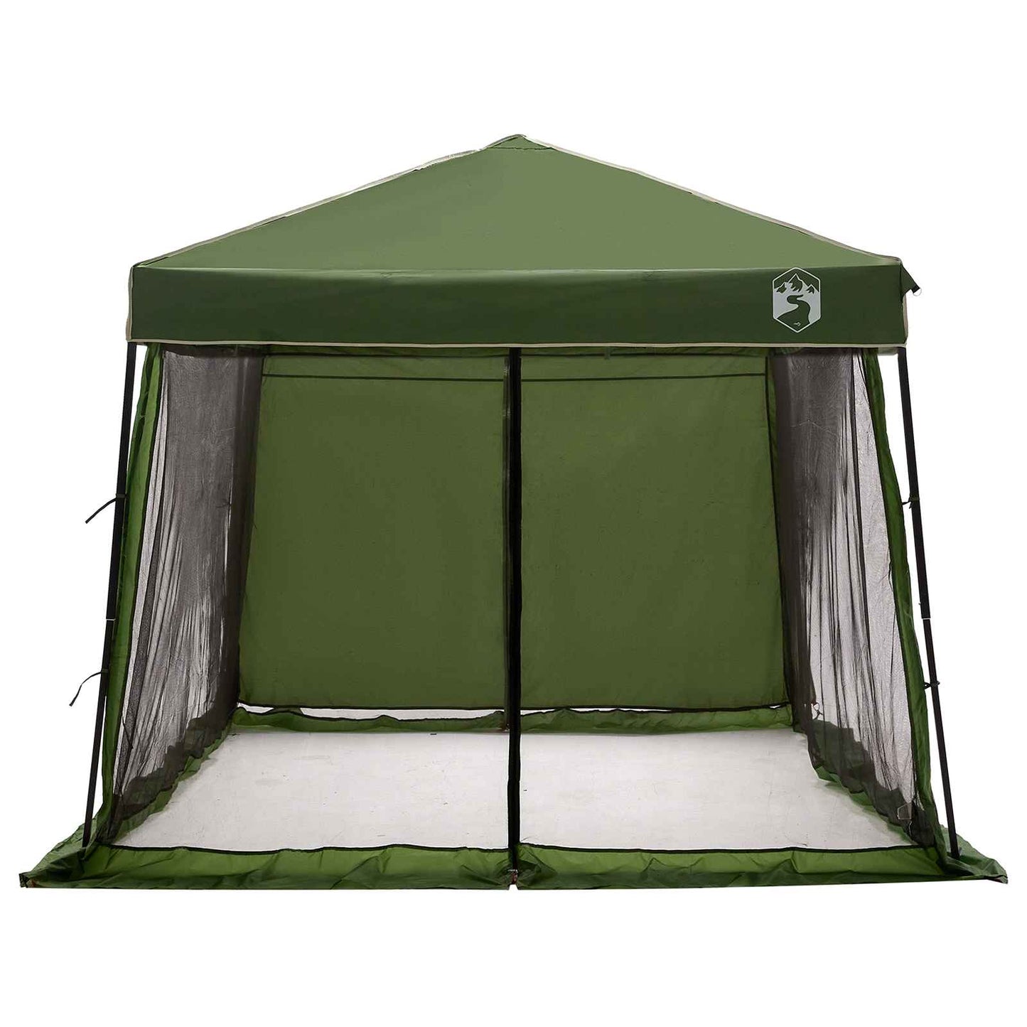 Detail van de vidaXL groene camping tent met open zijden en gaasramen.