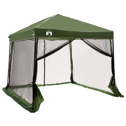 Detail van de vidaXL campingtent in groen met gaasramen en opbergruimte.