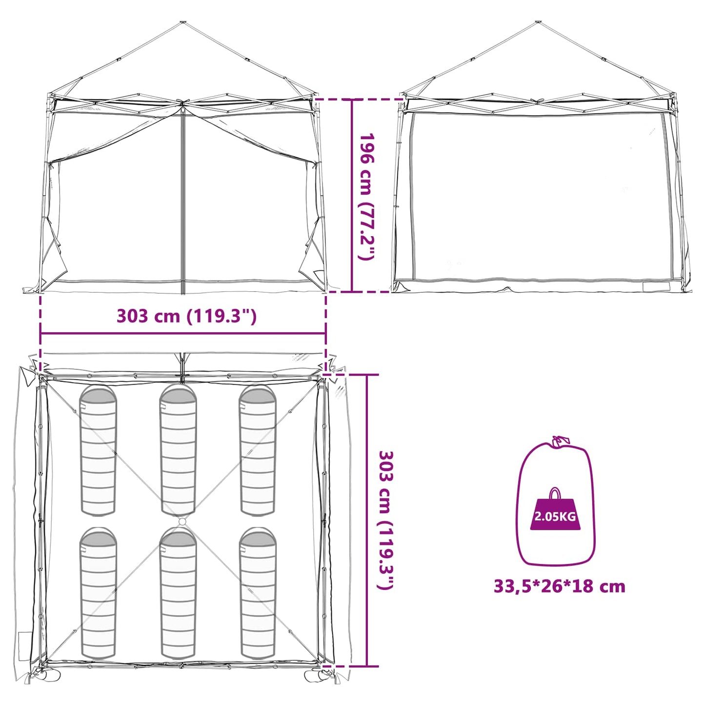 Detail van de vidaXL campingtentset met afmetingen en opbergruimte in groen taffeta.
