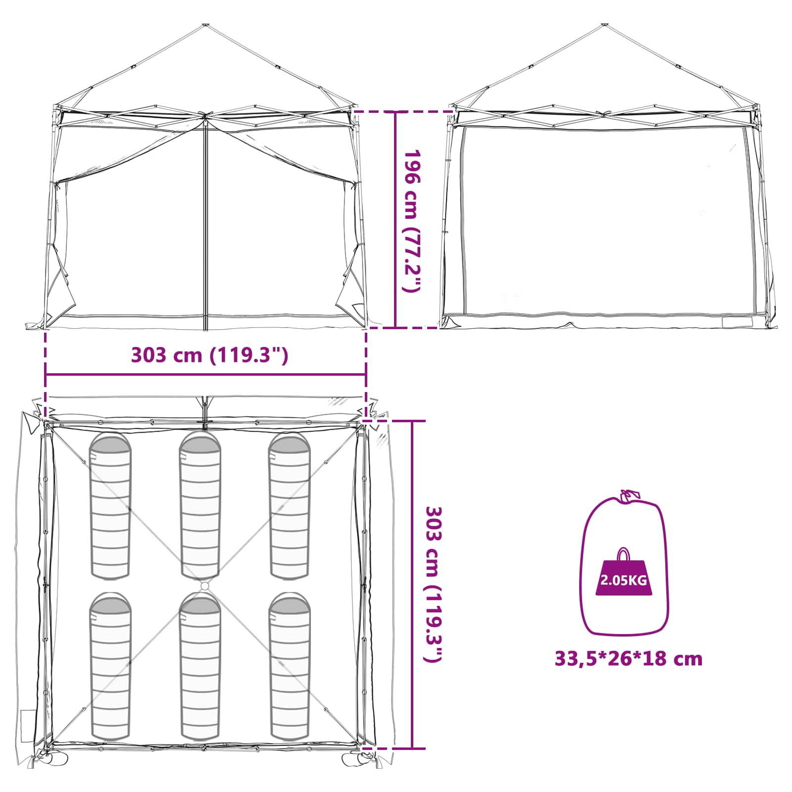 Detail van de vidaXL campingtentset met afmetingen en opbergruimte in groen taffeta.