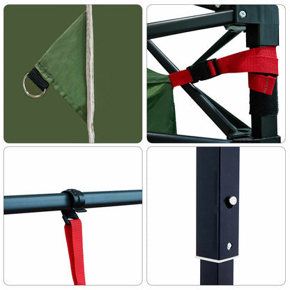 Detail van de bevestigingssystemen en stangen van de vidaXL groene campingtent.