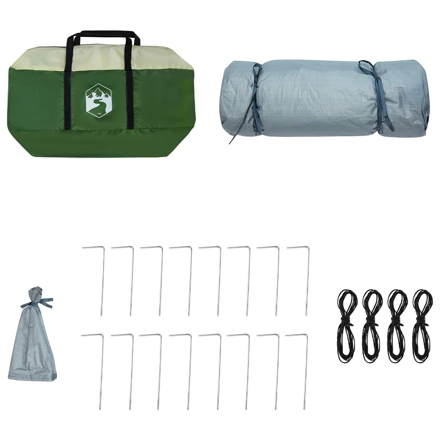Groene vidaXL campingtent set met opbergzak, haringen en scheerlijnen.