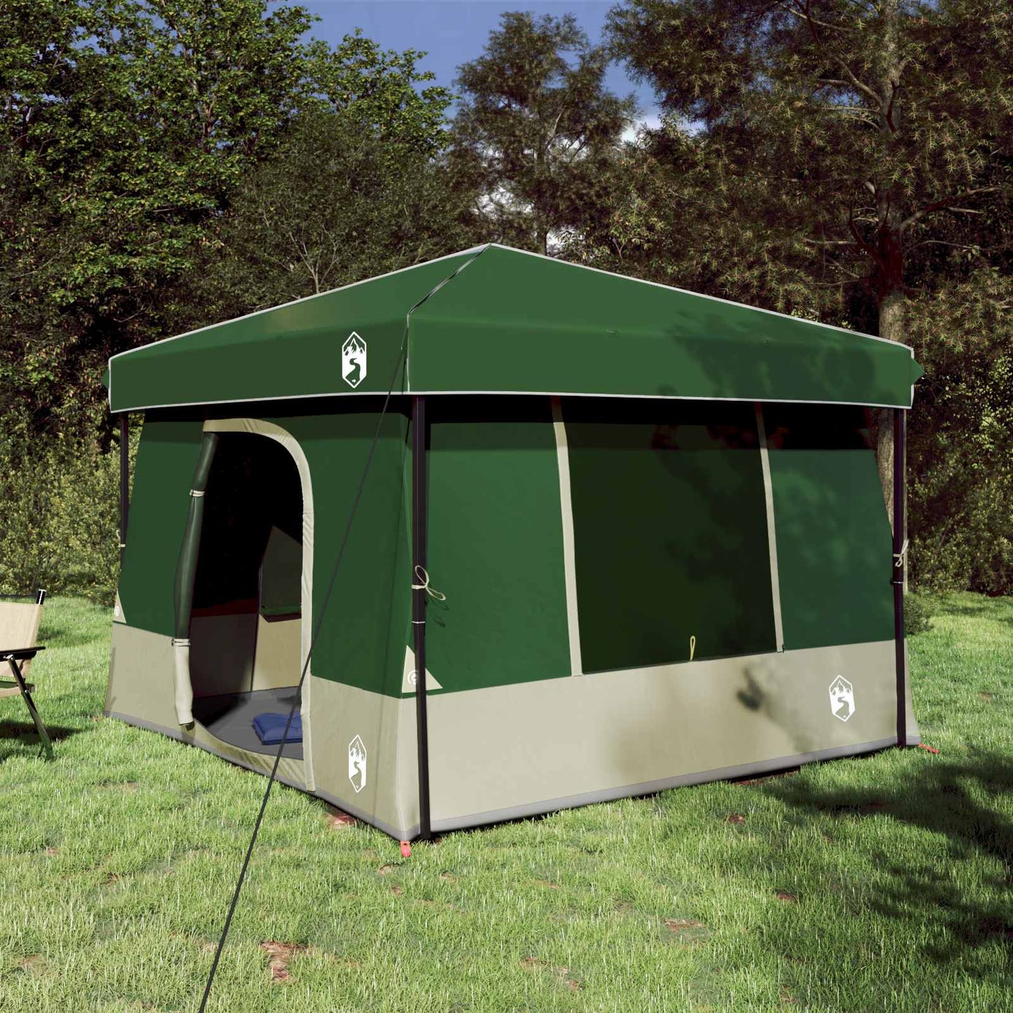Groene vidaXL campingtent met dak, strak ontwerp in een natuurlijke omgeving.