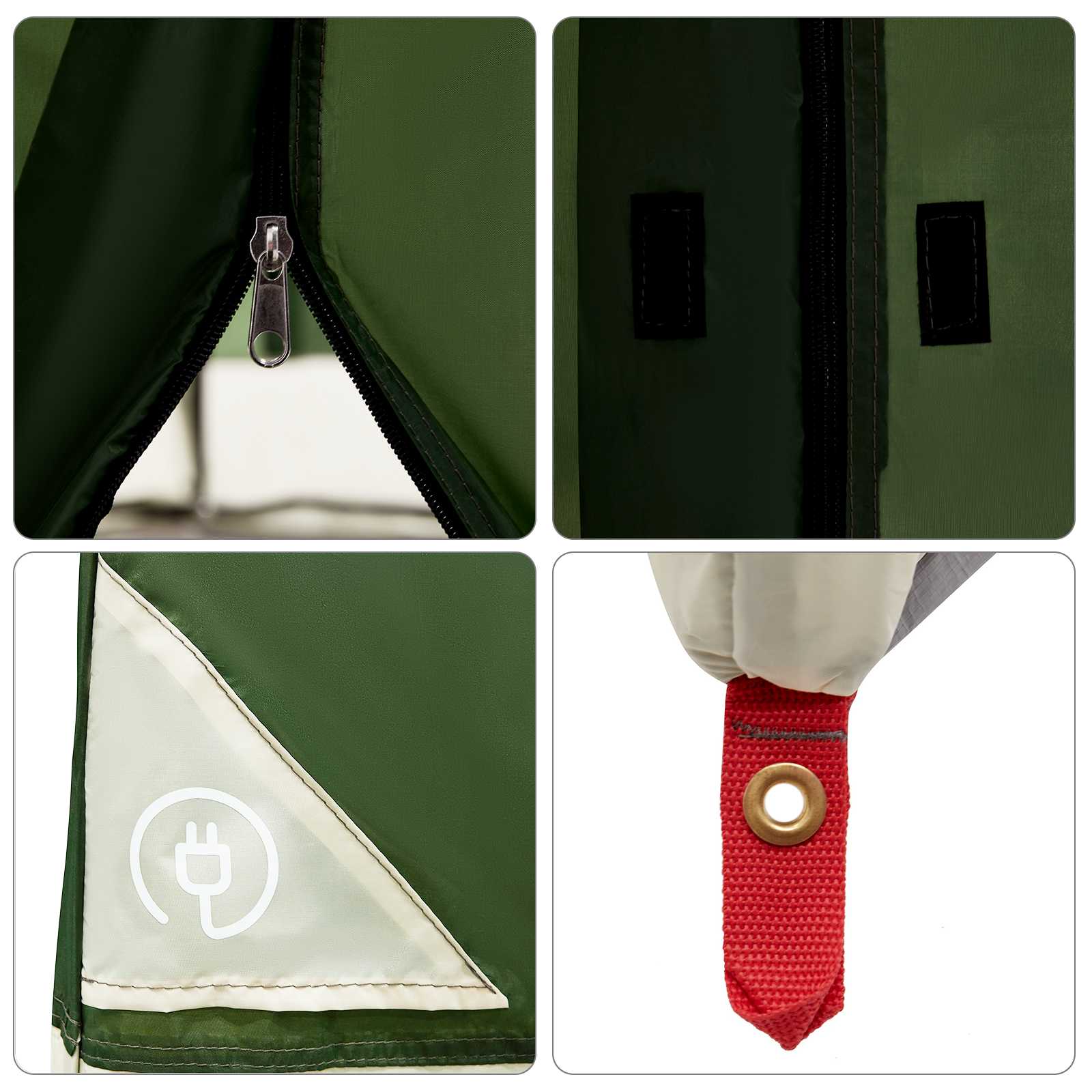 Detail van de rits en bevestigingspunten van de vidaXL camping tent set in groen.