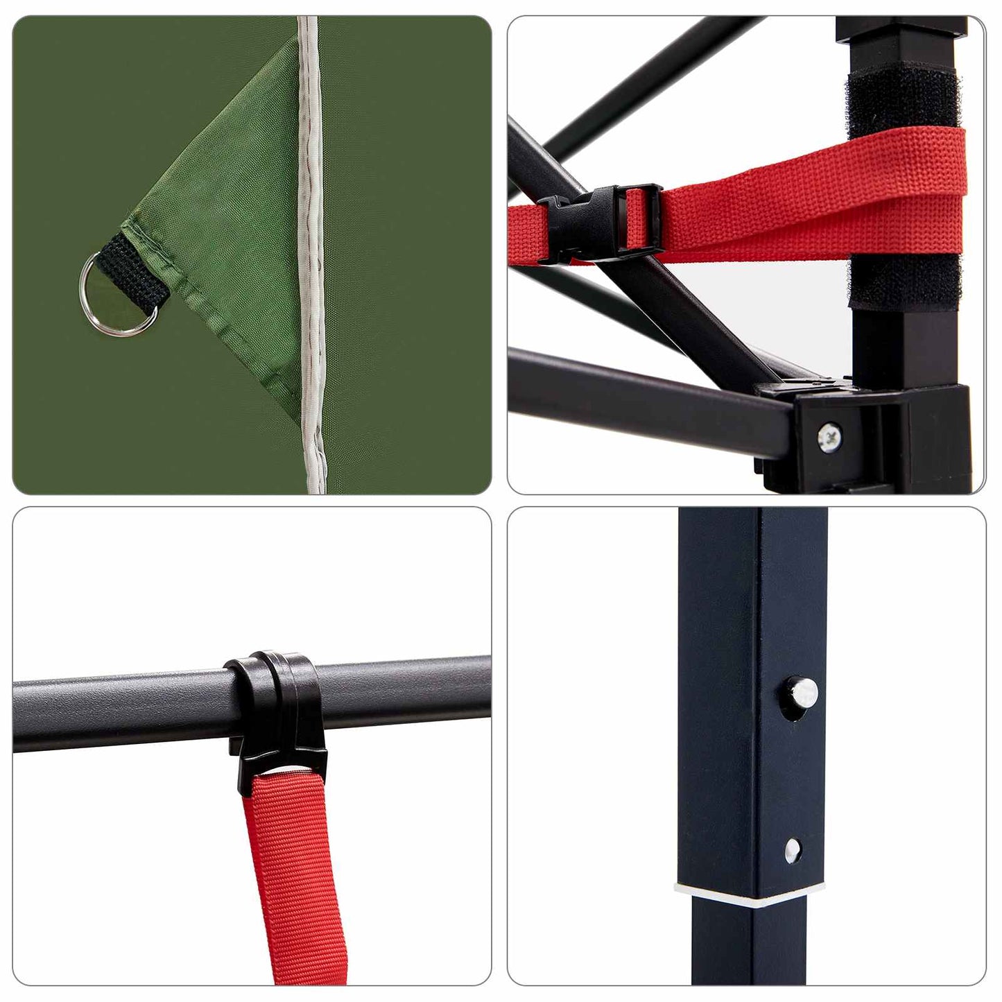 Detail van de bevestiging en stang van de vidaXL campingtent met groene vlag en rode riem.