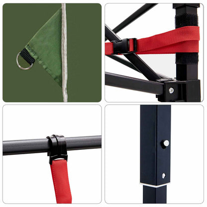 Detail van de bevestiging en stangen van de vidaXL camping tent set in groen en zwart.