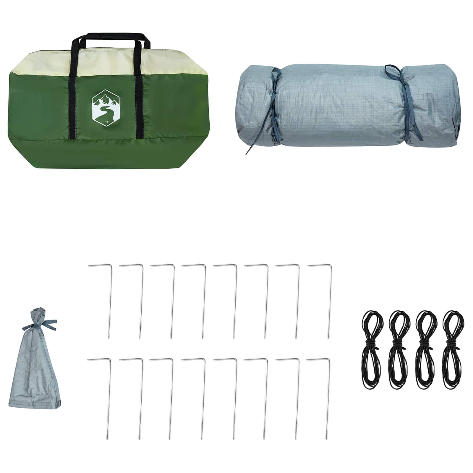 Detail van de vidaXL campingtent set met tentstokken, haringen en opbergtas.