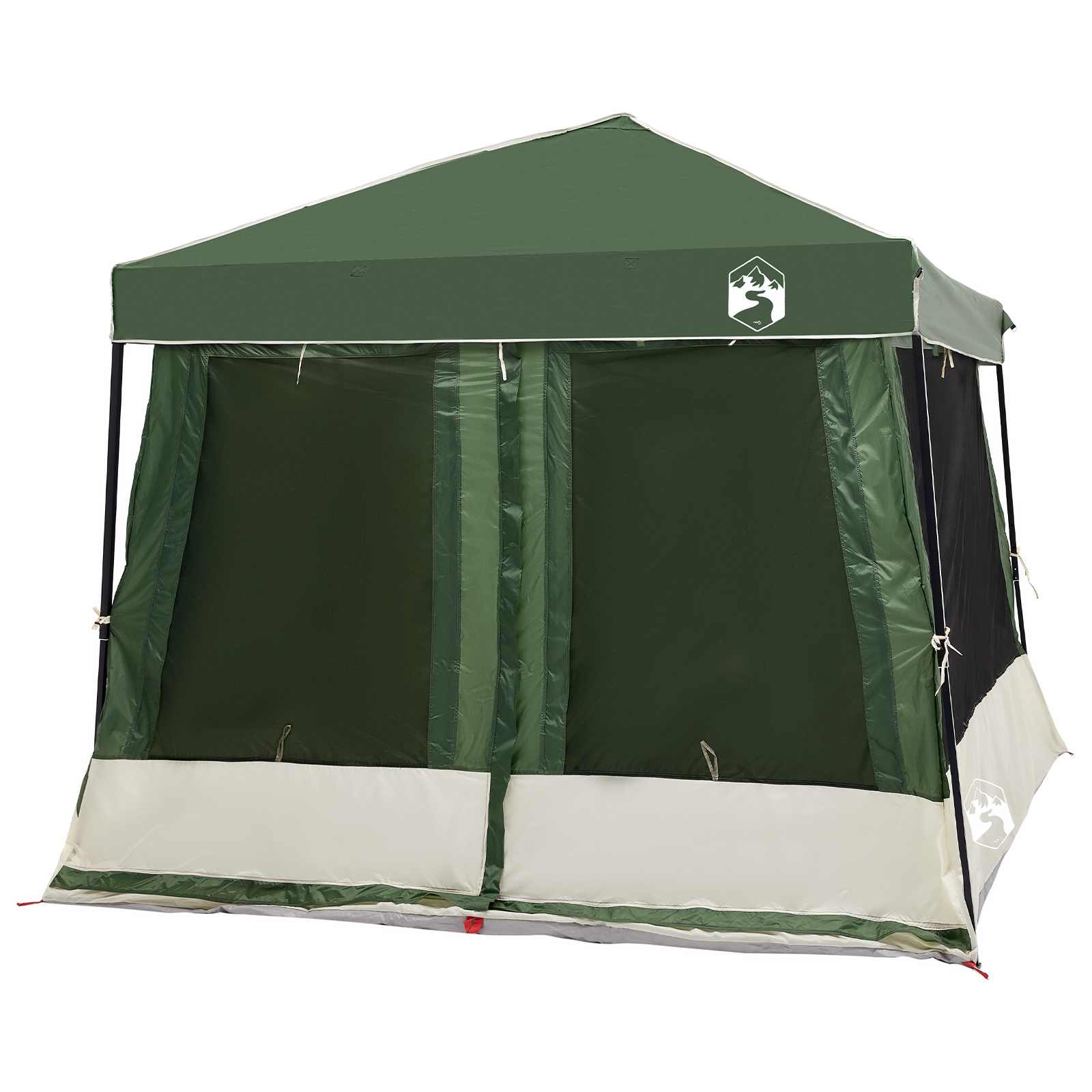 Detail van de groene vidaXL camping tent met luifel en open deuren.
