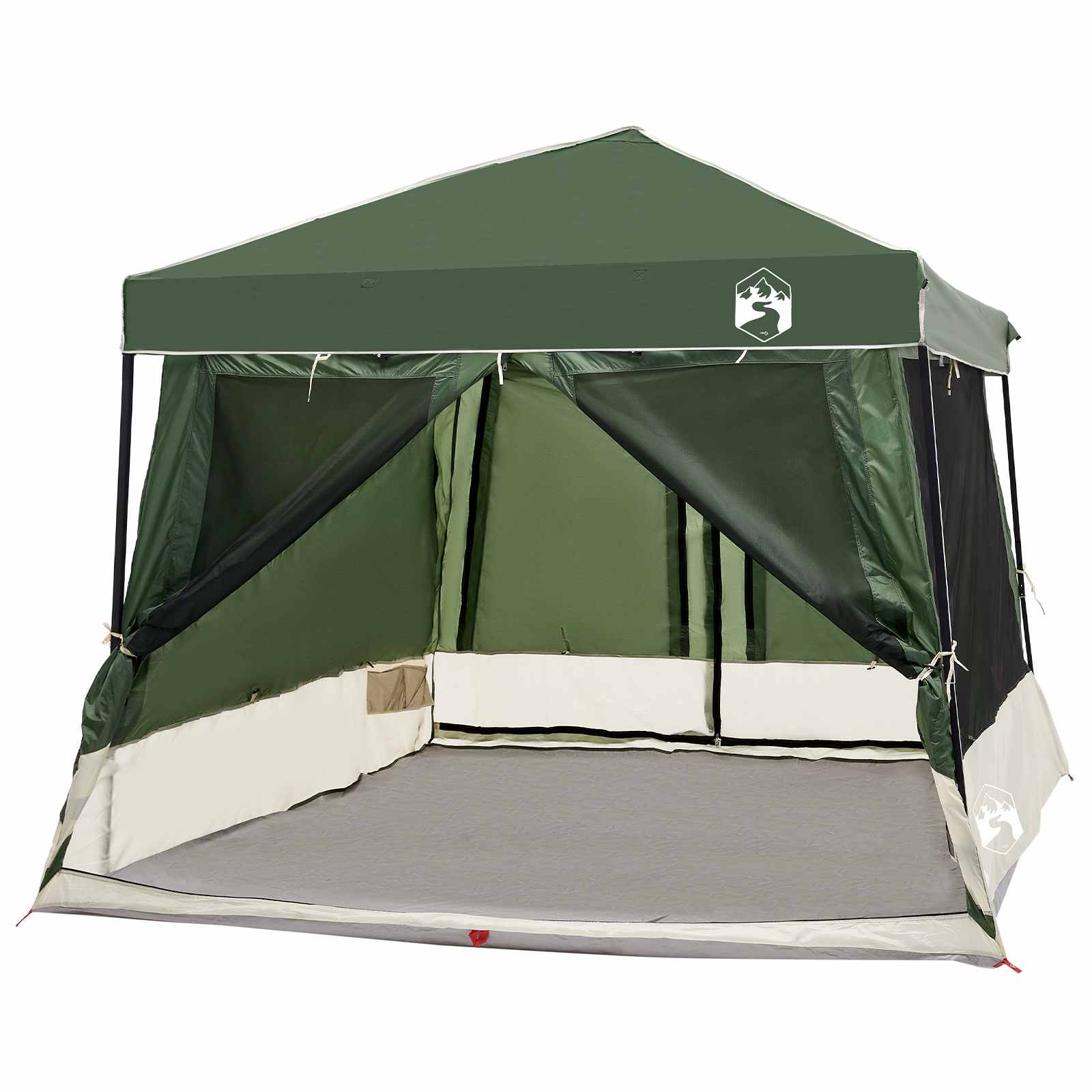 Detail van de vidaXL camping tent met groen dak en open zijwanden voor extra ventilatie.