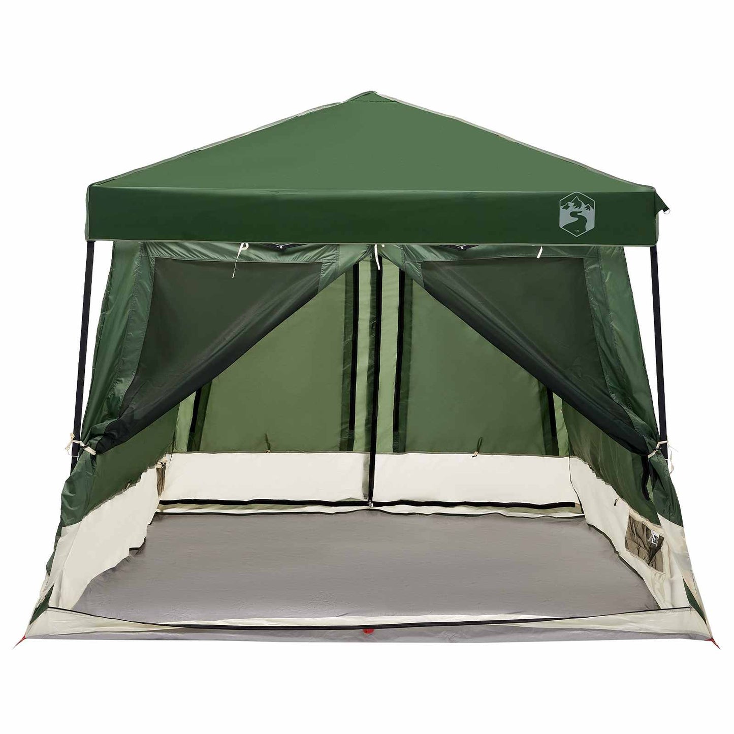 Detail van de groene vidaXL camping tent met open luifel en ruime binnenruimte.