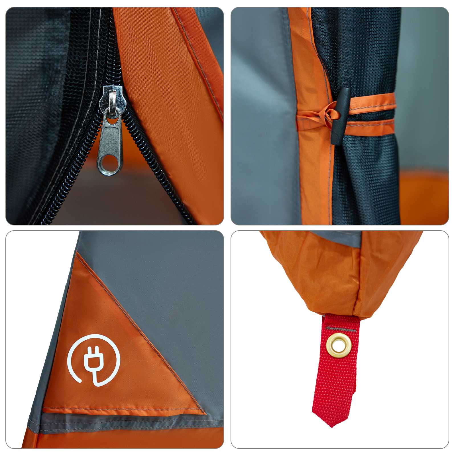 Details van de vidaXL campingtent met ritssluiting, bevestigingsband en ventilatieopening.