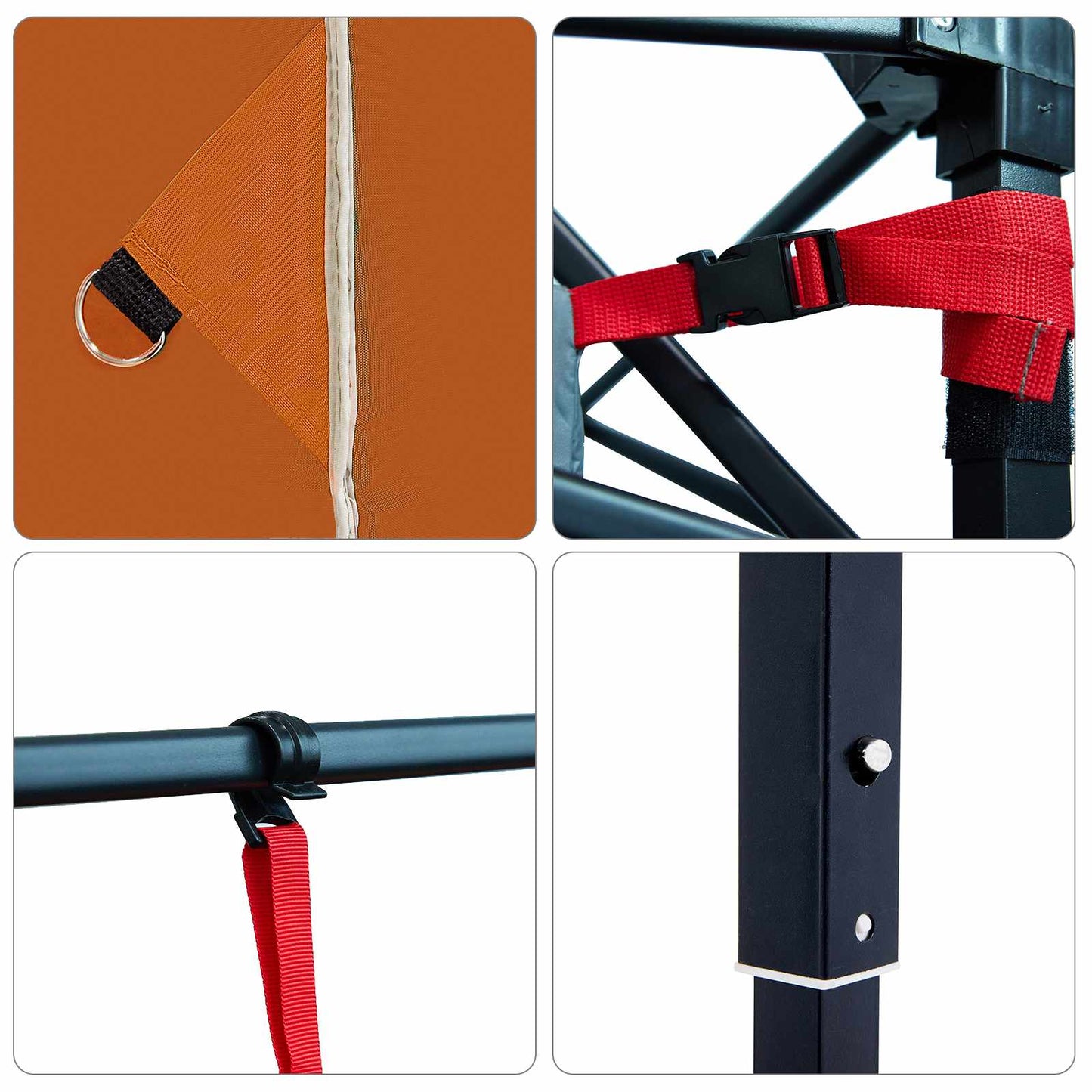 Detail van de bevestigingsriemen en stangen van de vidaXL Camping Tent Set in oranje.