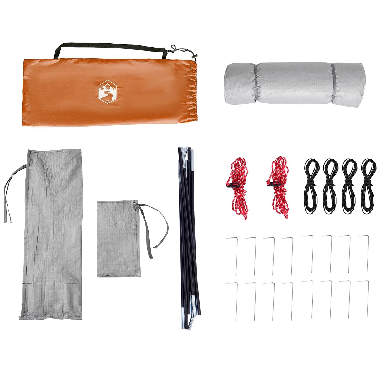 Detail van de vidaXL campingtentset met oranje tarp, stokken en haringen.