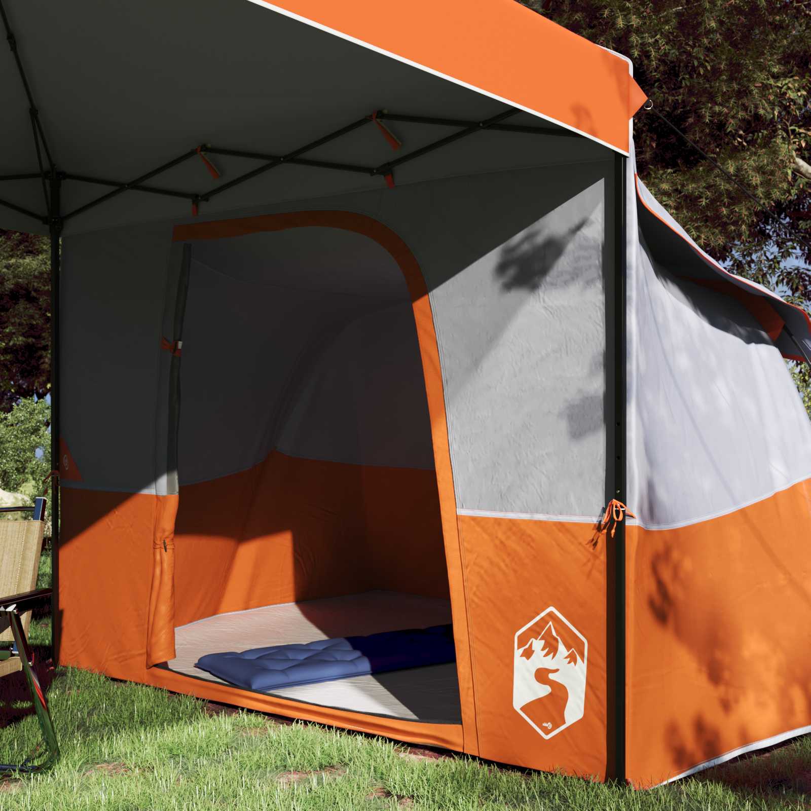 Detail van de vidaXL campingtent met oranje taffeta en grijze stof, zijaanzicht.