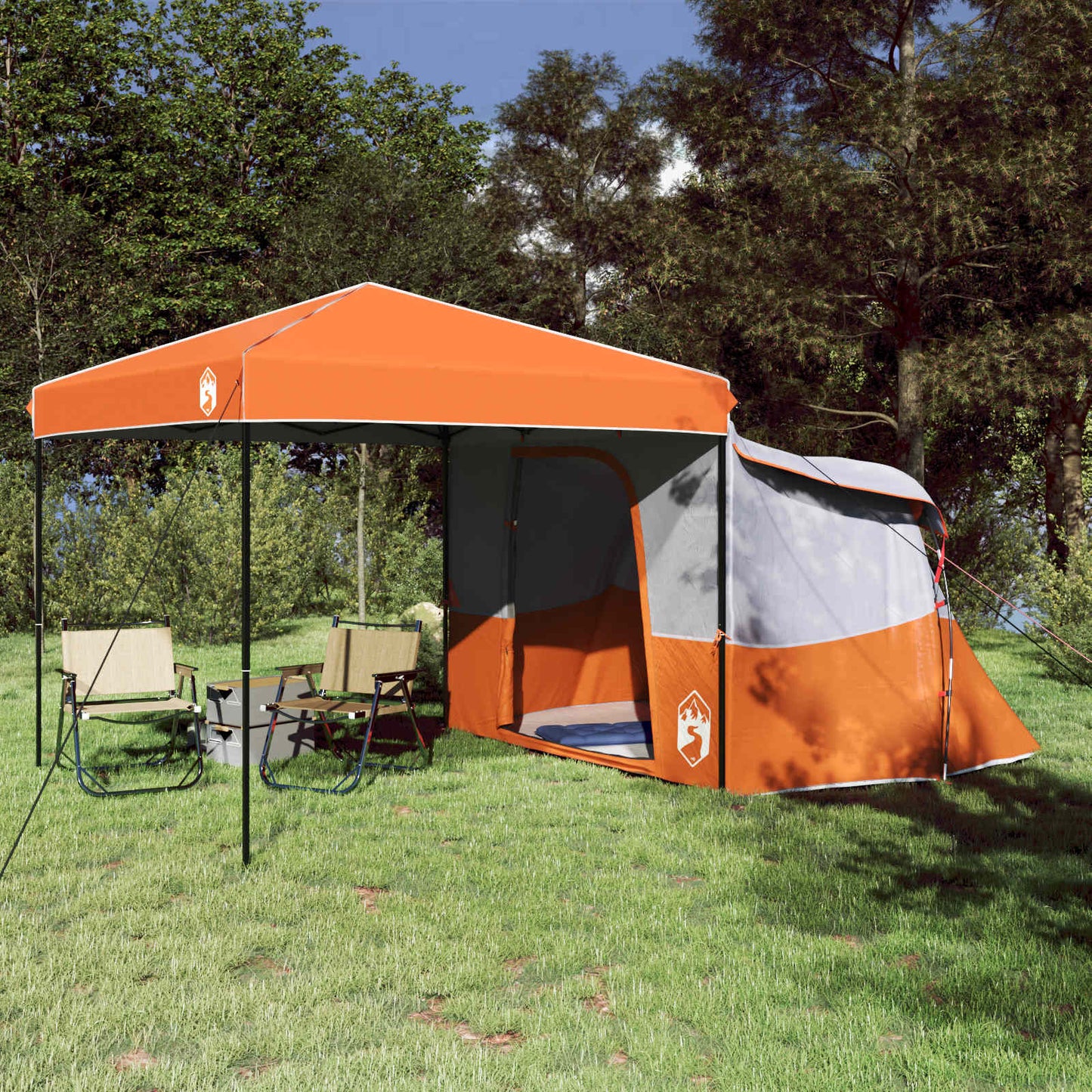 Oranje vidaXL campingtent set met luifel, ideaal voor zomerse buitenavonturen.