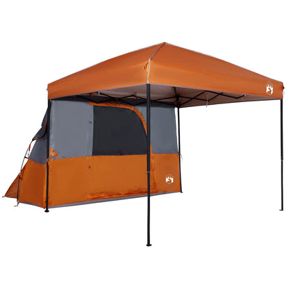 Detail van de vidaXL campingtent in oranje met grijze zijwand en open ritssluiting.