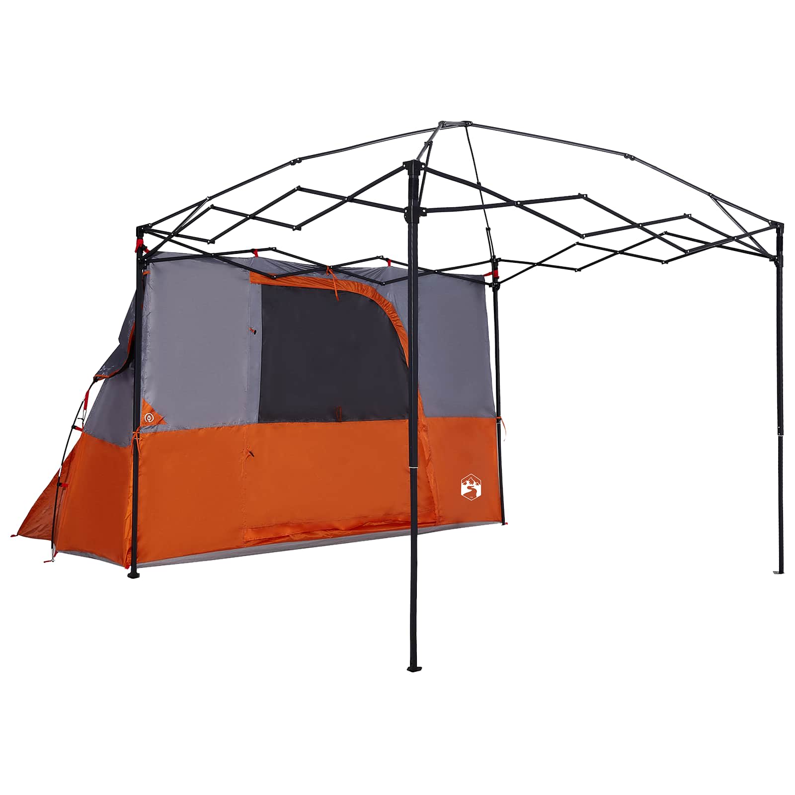 Detail van de vidaXL camping tent set in oranje taffeta met open zijpaneel.
