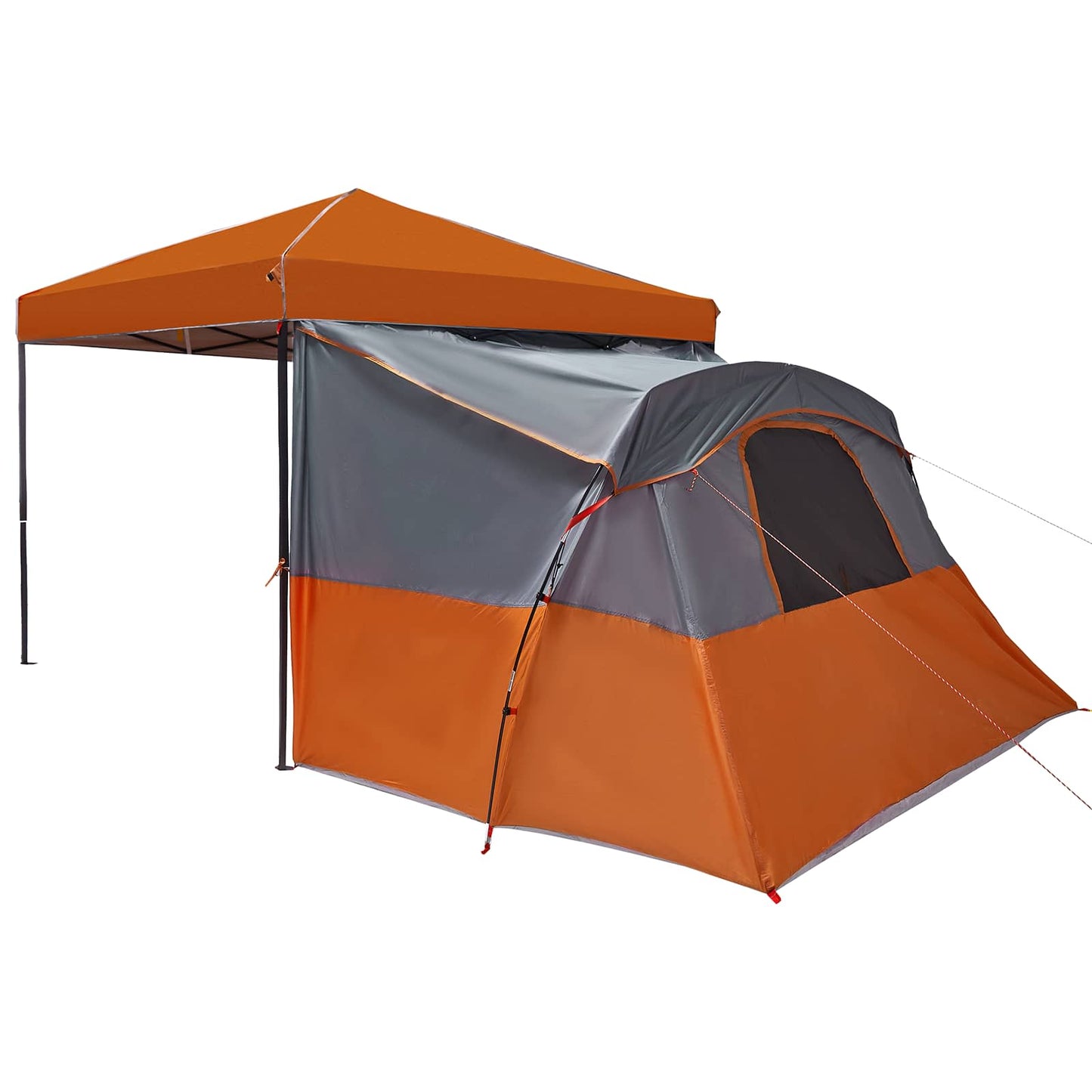 Detail van de vidaXL camping tentset in oranje en grijs, met een ruime ingang en afdak.