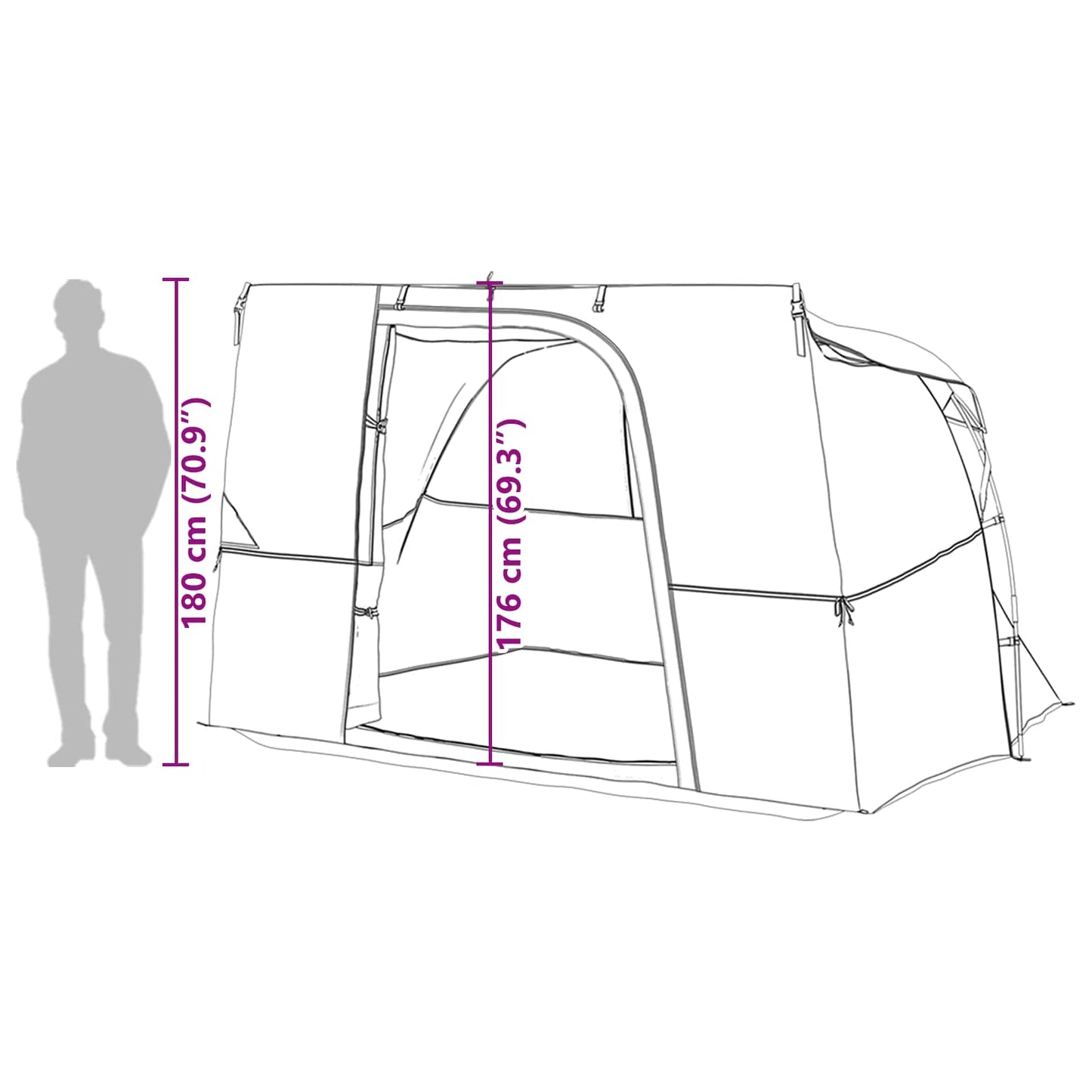 Zijaanzicht van de vidaXL Camping Tent met dak, inclusief afmetingen en ingang.
