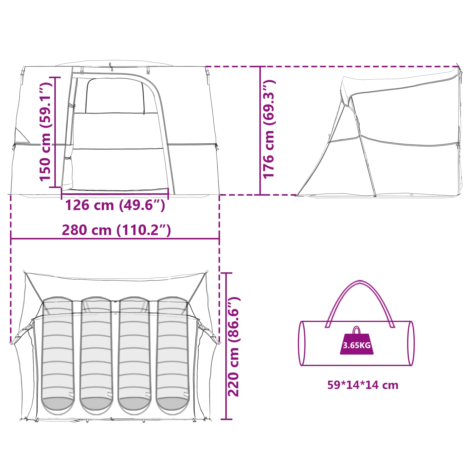 Detailtekening van de vidaXL Camping Tent met afmetingen en opbergdetails.