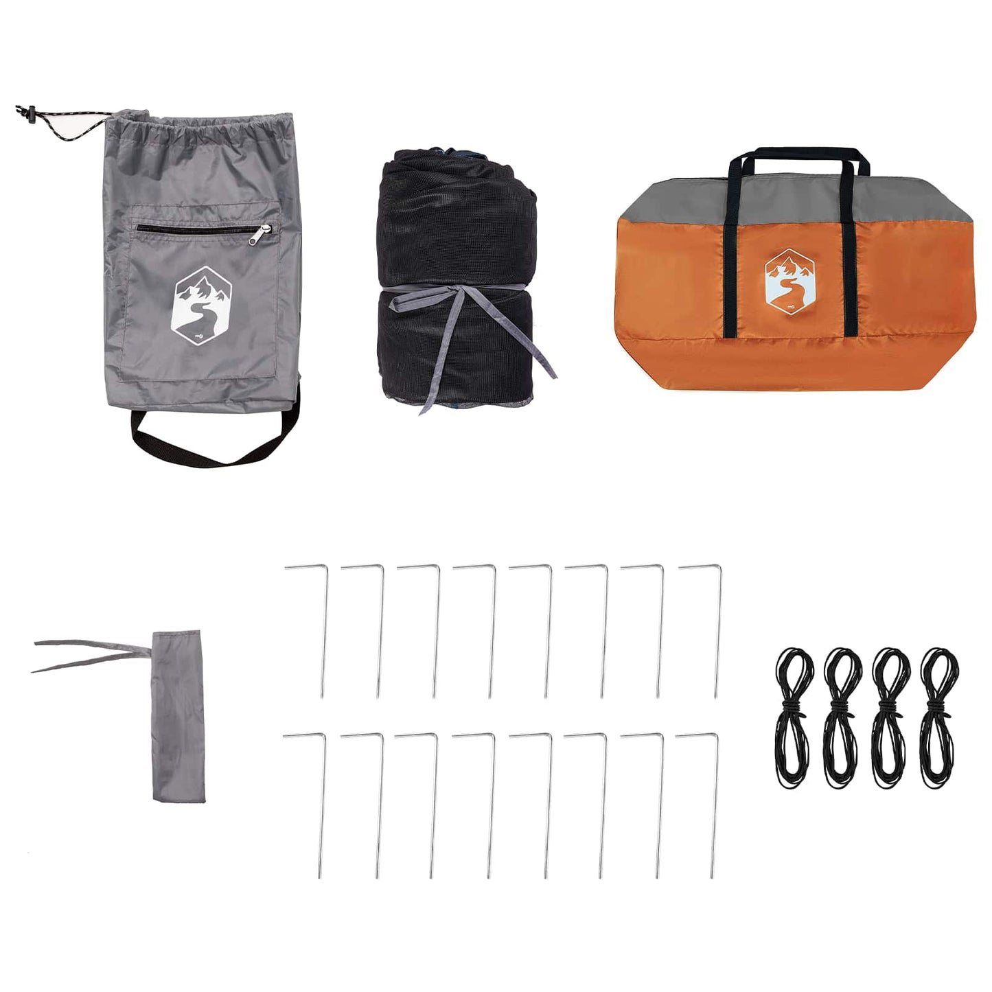 Detail van de vidaXL campingtentset met stokken, haringen en opbergzak in grijs en oranje.