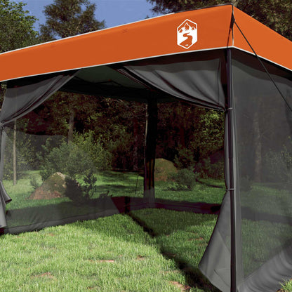 Detail van de vidaXL campingtent met oranje dak en zwarte zijwanden in groene omgeving.
