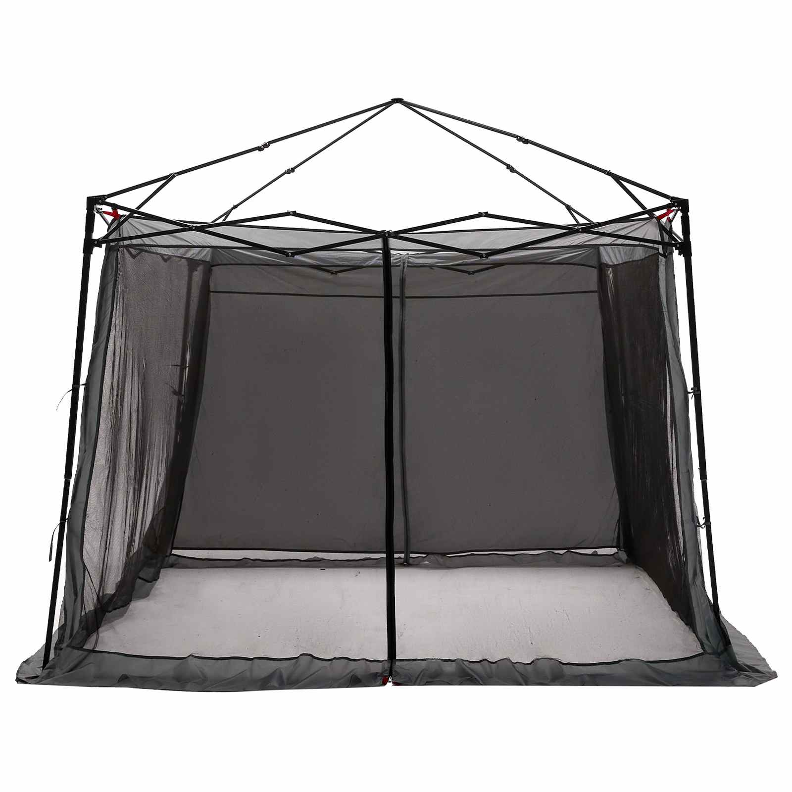 Detail van de vidaXL campingtent met zwarte gaaswanden en een open voorkant.