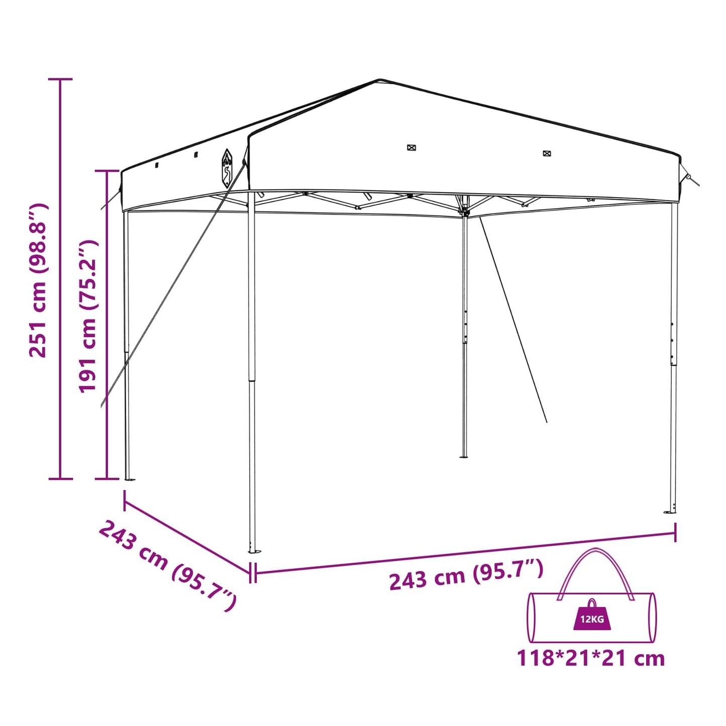 Detail van de vidaXL campingtent set met afmetingen en opbouwinstructies.