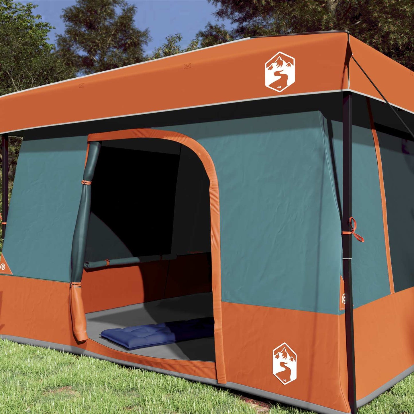 Zijaanzicht van de vidaXL campingtent in grijs en oranje met open deur.