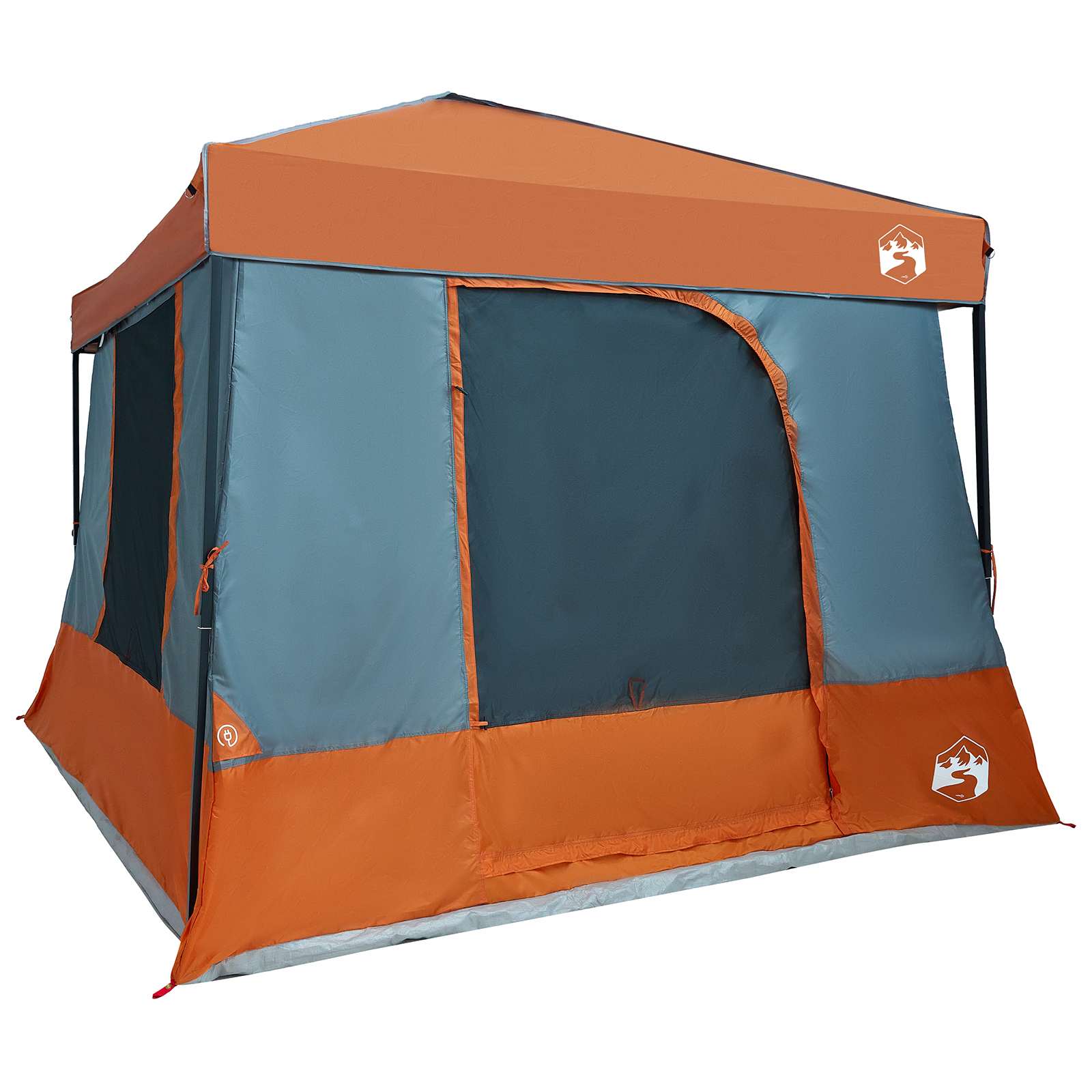Zijaanzicht van de vidaXL campingtent in grijs en oranje met ritssluiting.