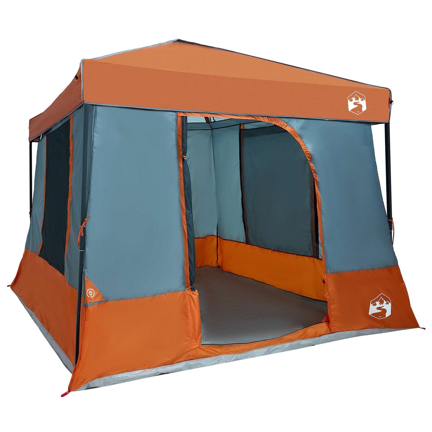 Zijaanzicht van de vidaXL campingtent in grijs en oranje, met open ingang.