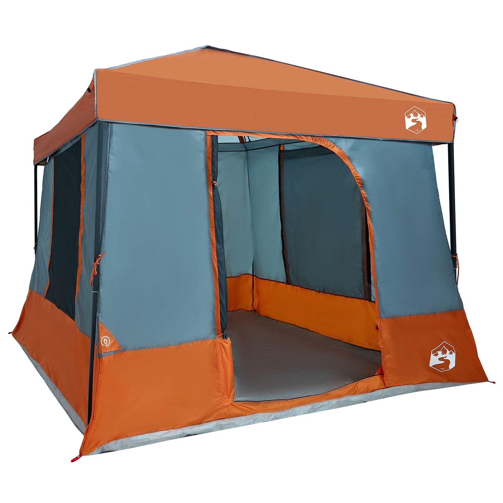 Zijaanzicht van de vidaXL campingtent in grijs en oranje, met open ingang.