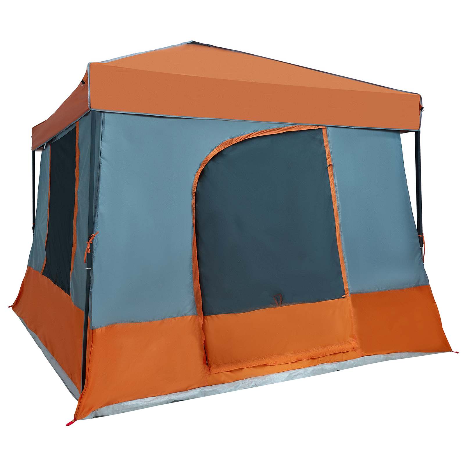 Zijaanzicht van de vidaXL campingtent in grijs en oranje met ritssluiting.
