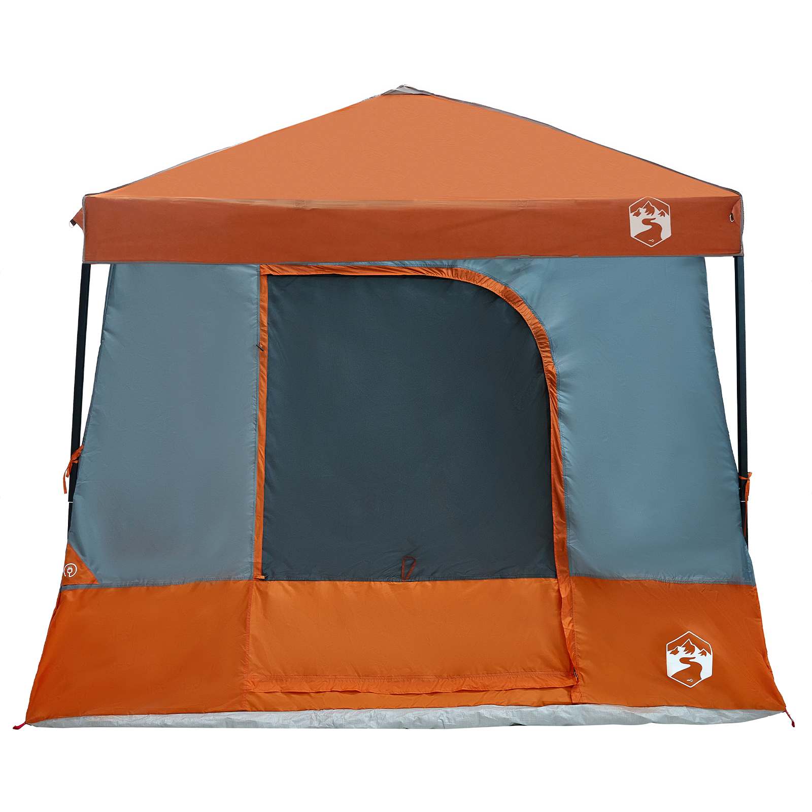 Detail van de vidaXL campingtent met grijs-oranje kleuren en ritssluiting.