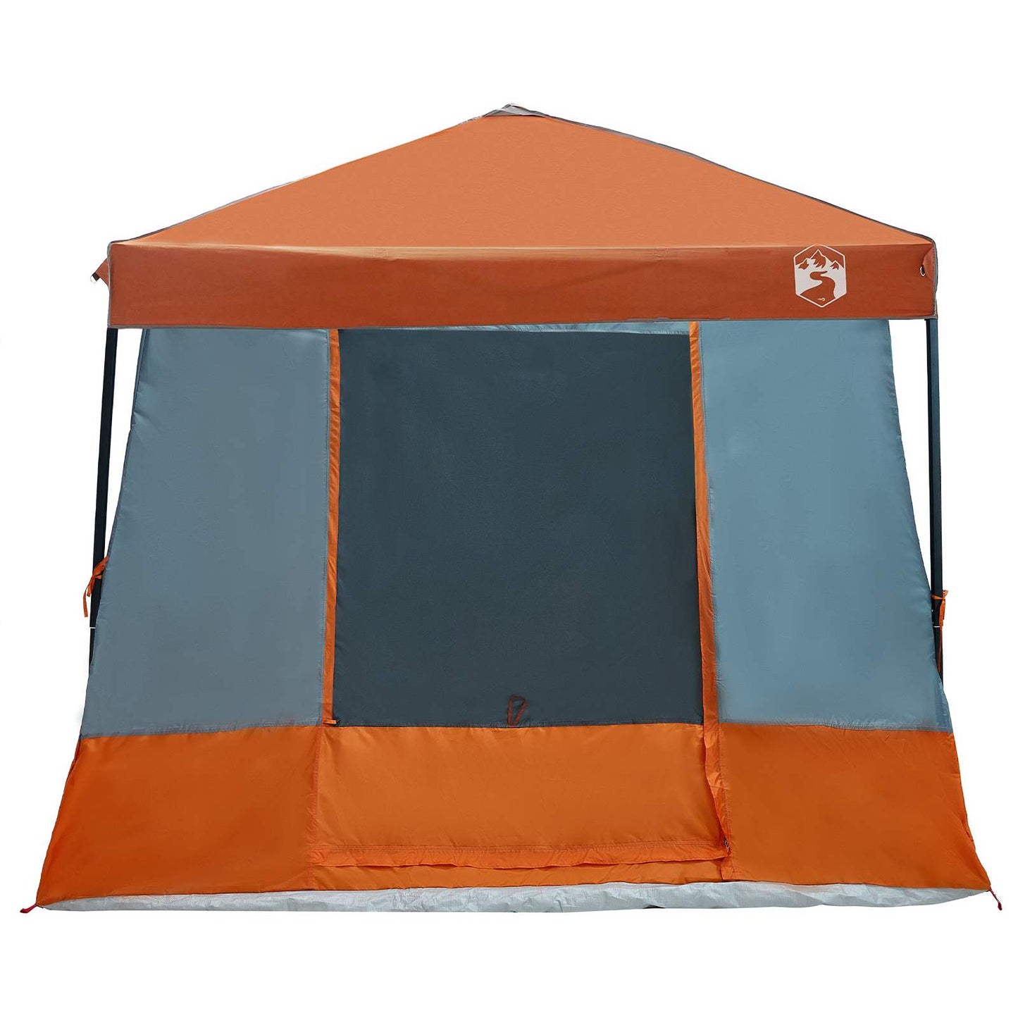 Detail van de vidaXL campingtent in grijs en oranje, met een open ritssluiting.