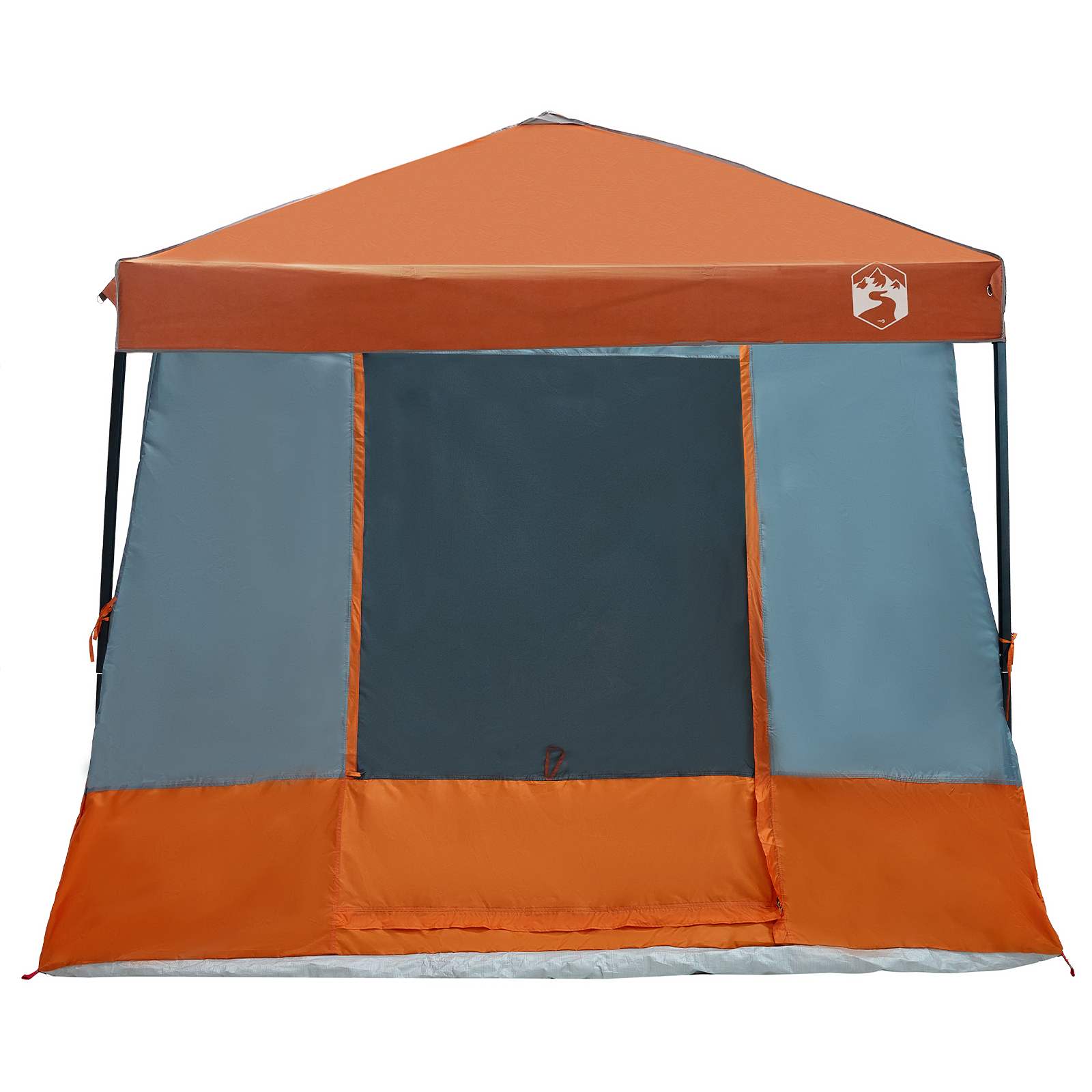 Detail van de vidaXL campingtent in grijs en oranje, met een open ritssluiting.