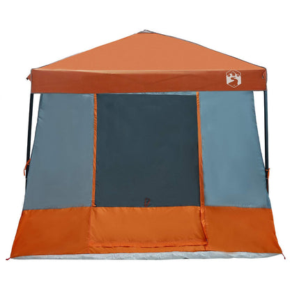 Detail van de vidaXL campingtent in grijs en oranje, met een open ritssluiting.