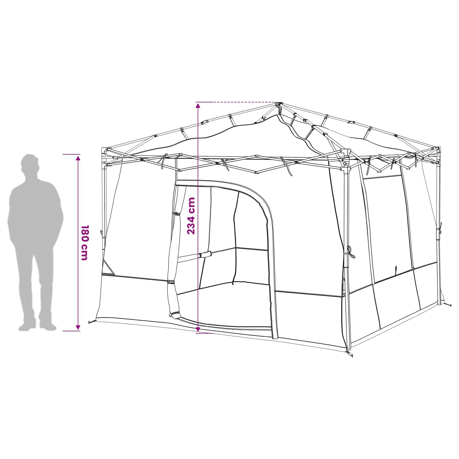 Zijaanzicht van de vidaXL campingtent met afmetingen en toegangspunt.
